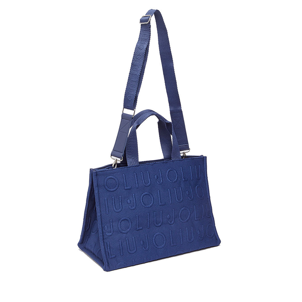 Tote Bag Large LIU JO in Maglia Blu Scuro con Logo Jacquard