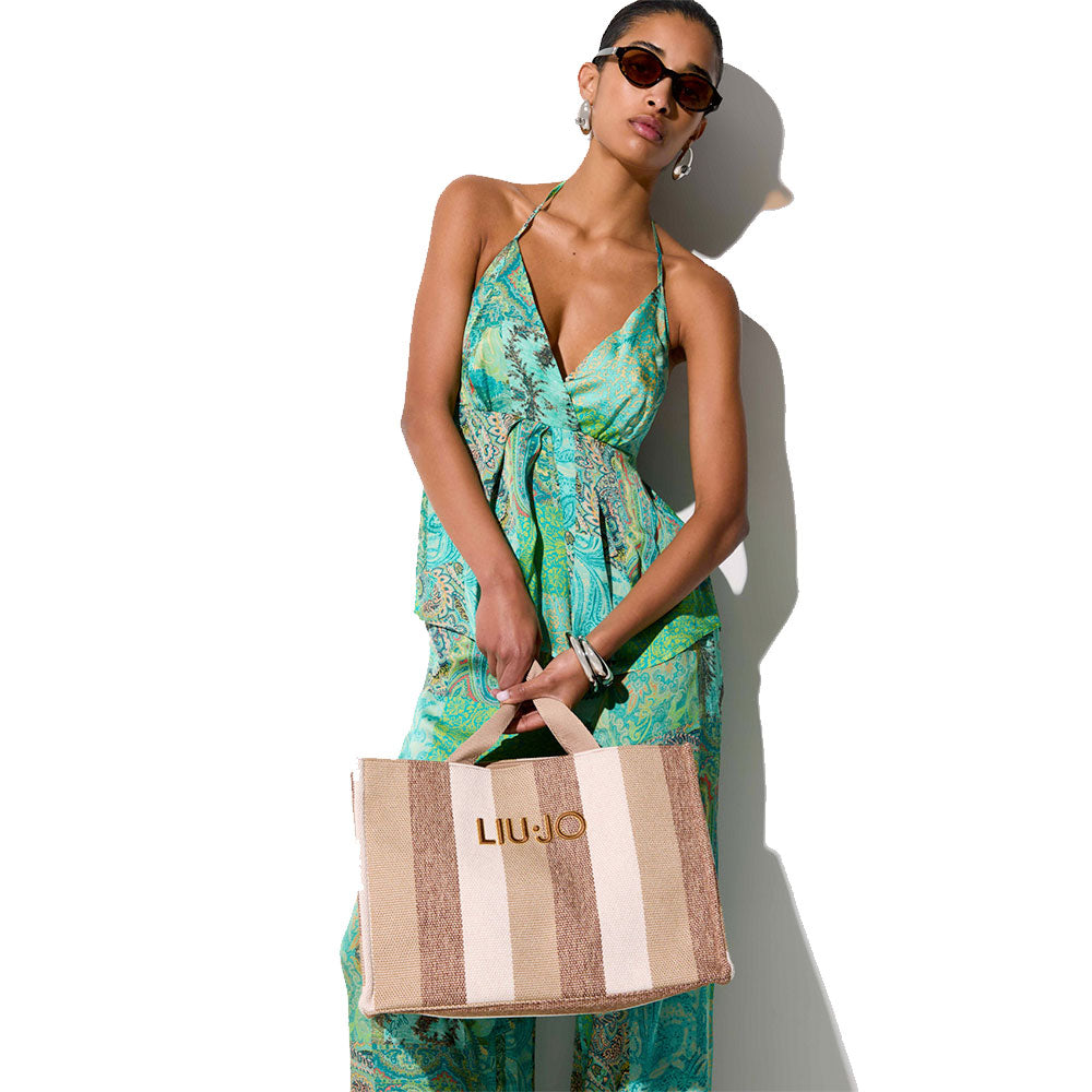 Tote Bag Large LIU JO in Canvas a Righe Blu Scuro