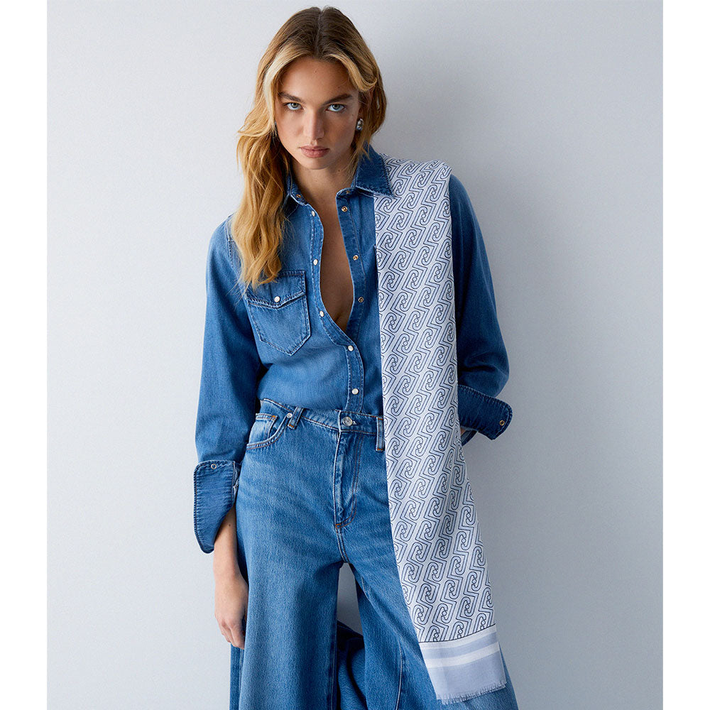 Stola Donna 70 x 180 cm LIU JO in Tessuto Denim Chiaro stampa LJ All Over