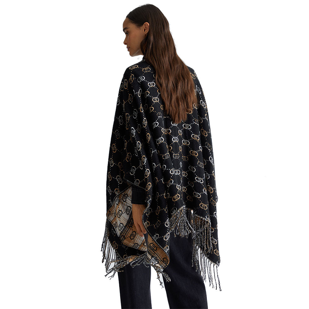 LIU JO Damen-Poncho, schwarzer Karodruck mit Jacquard-Logo