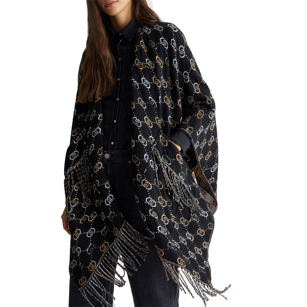 LIU JO Damen-Poncho, schwarzer Karodruck mit Jacquard-Logo