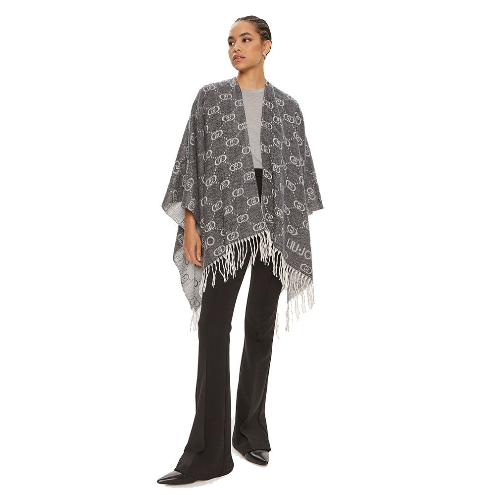 LIU JO Damen-Poncho mit Monogramm-Jacquard-Grau-Wolken-Logo