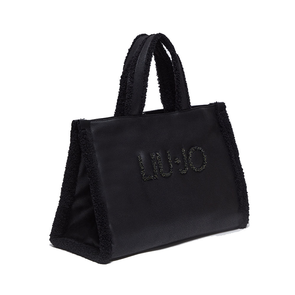 Women's Black Coated Fabric Tote Bag LIU JO with Teddy Details