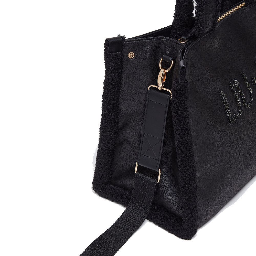 Women's Black Coated Fabric Tote Bag LIU JO with Teddy Details