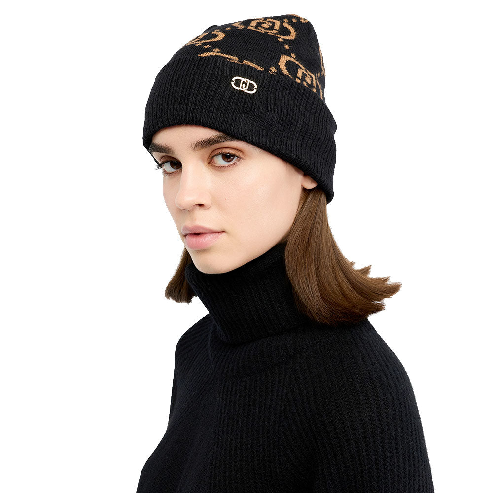 Berretto Donna LIU JO in Misto Viscosa Nero con Logo Monogram Jacquard
