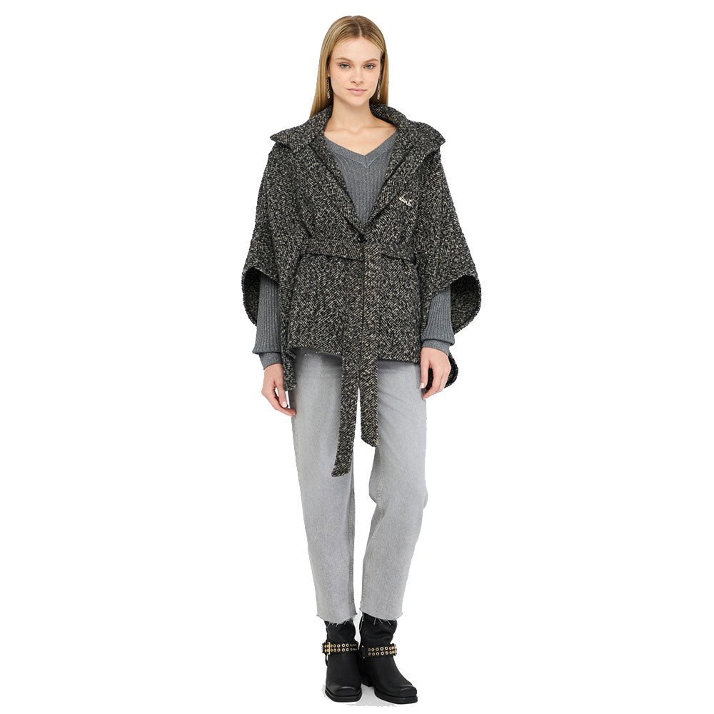 Poncho Donna Collo Alto LIU JO in Tessuto Chevron Nero e Bianco