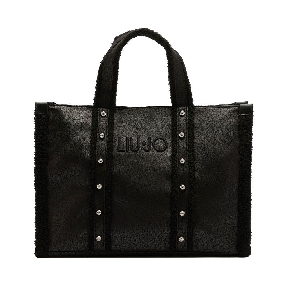 Shopping Bag Donna LIU JO in Tessuto Spalmato Effetto Montone e Inserti Teddy Nero