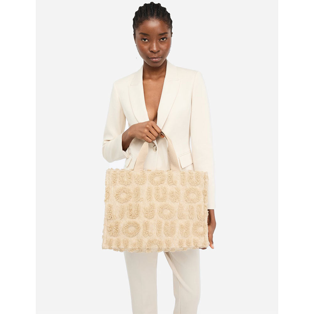 Shopping Bag Donna LIU JO in Tessuto Misto Lana con Logo in Teddy All Over Beige
