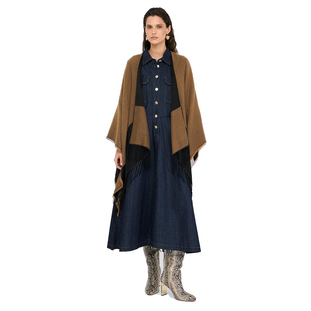 Poncho Donna LIU JO in Tessuto color Cammello con Logo Monogram e Frange
