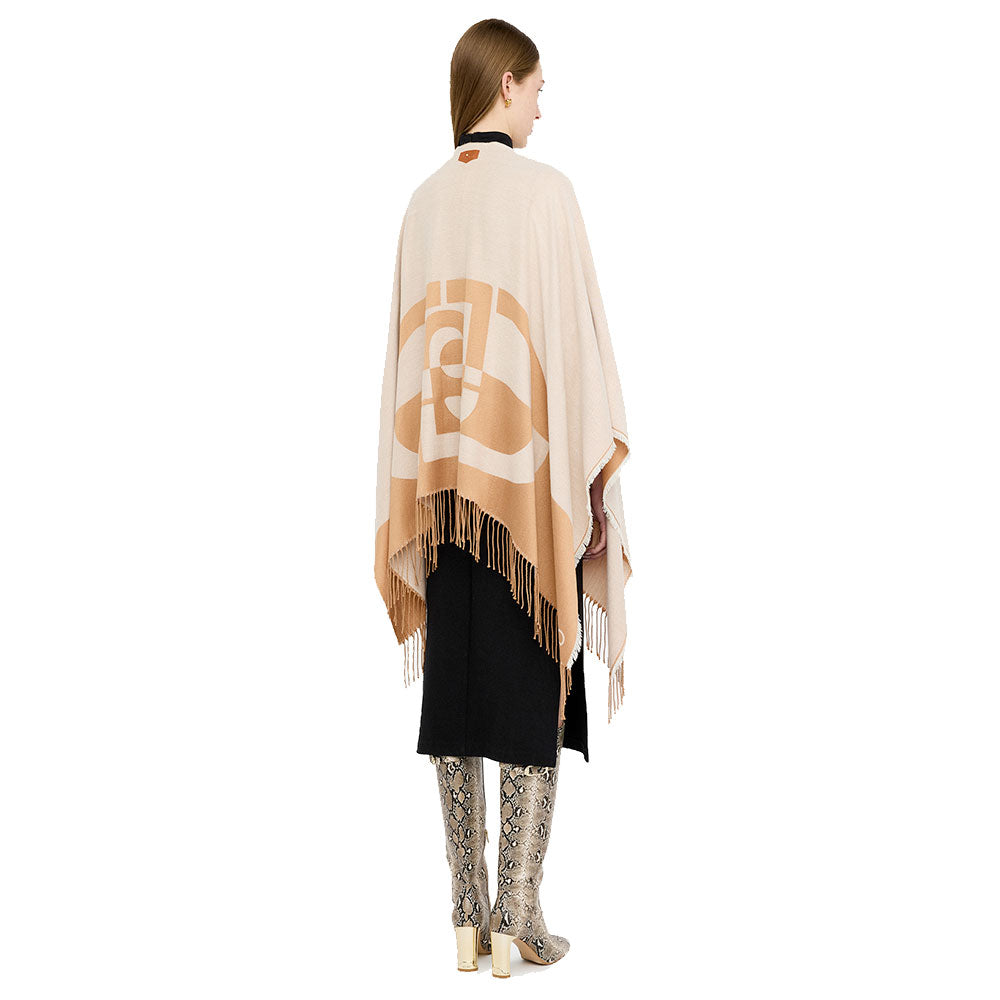 Poncho Donna LIU JO in Tessuto Bianco Lana con Logo Monogram e Frange