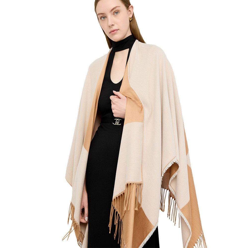 Poncho Donna LIU JO in Tessuto Bianco Lana con Logo Monogram e Frange