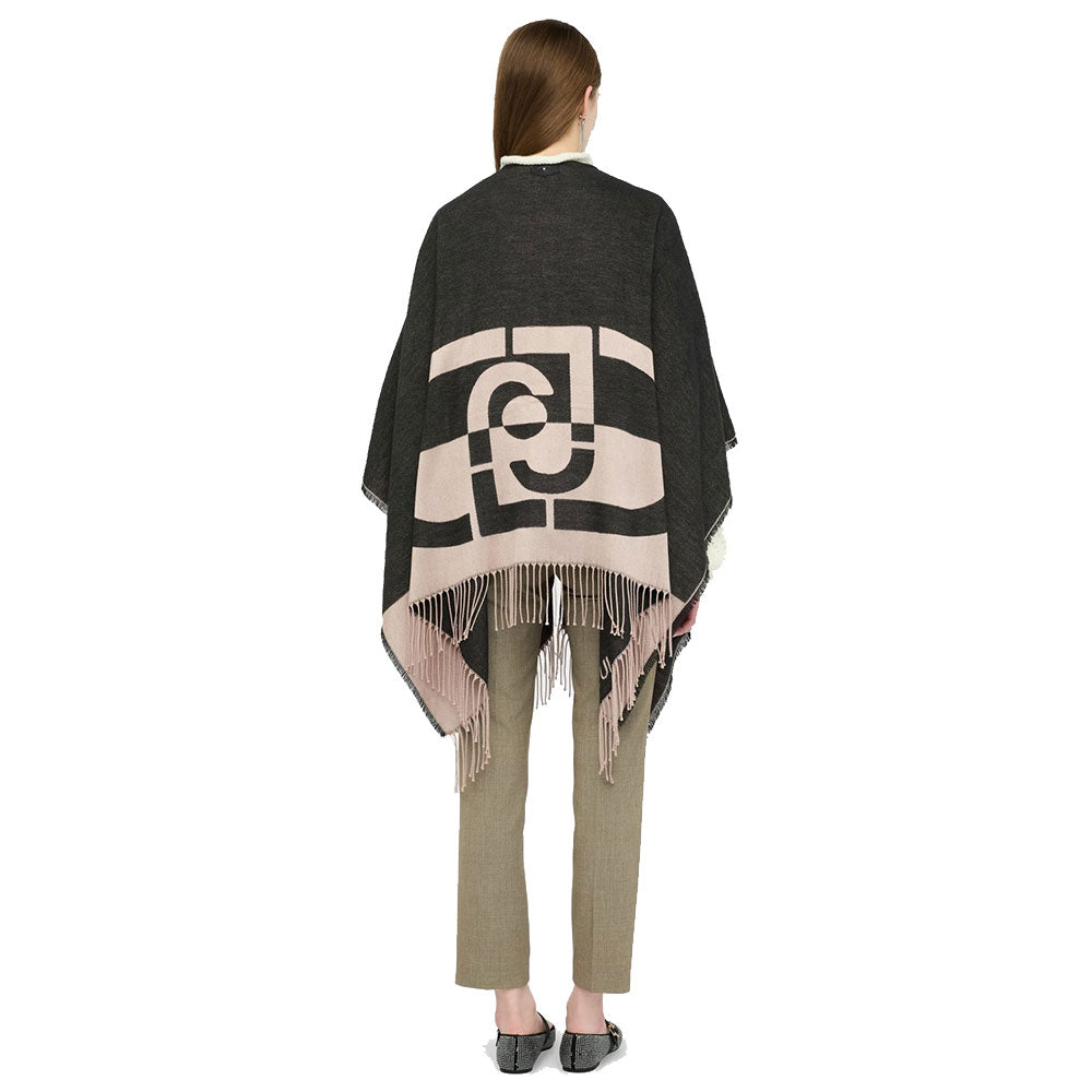 Poncho Donna LIU JO in Tessuto Nero con Logo Monogram e Frange