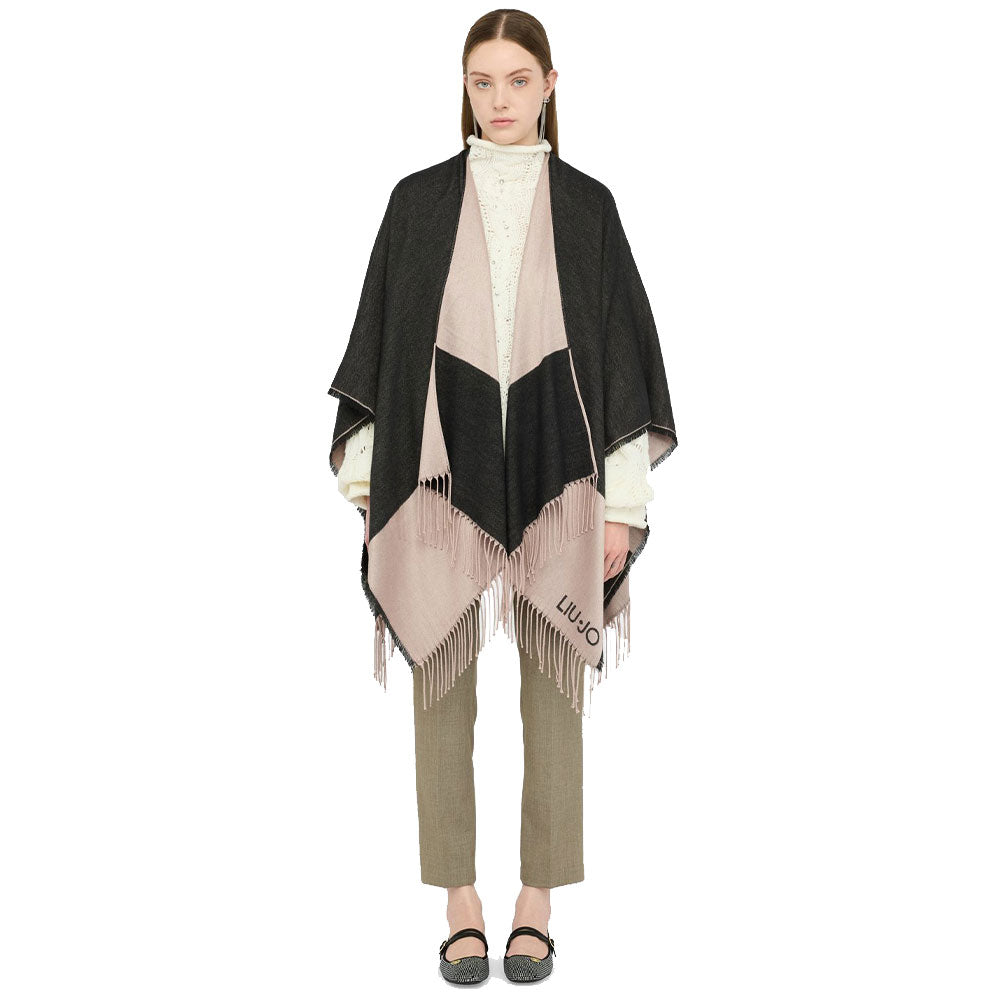 Poncho Donna LIU JO in Tessuto Nero con Logo Monogram e Frange