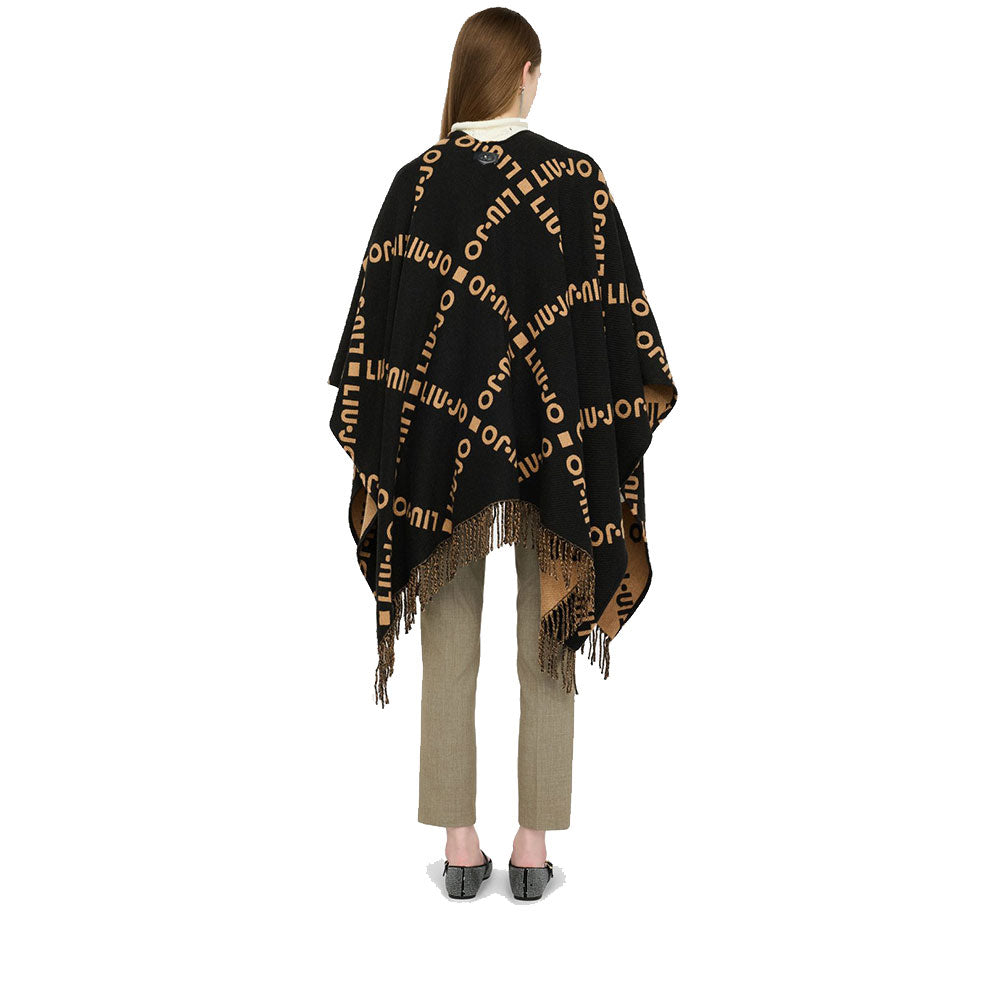 Poncho Donna LIU JO in Tessuto Nero con Logo Jacquard e Frange