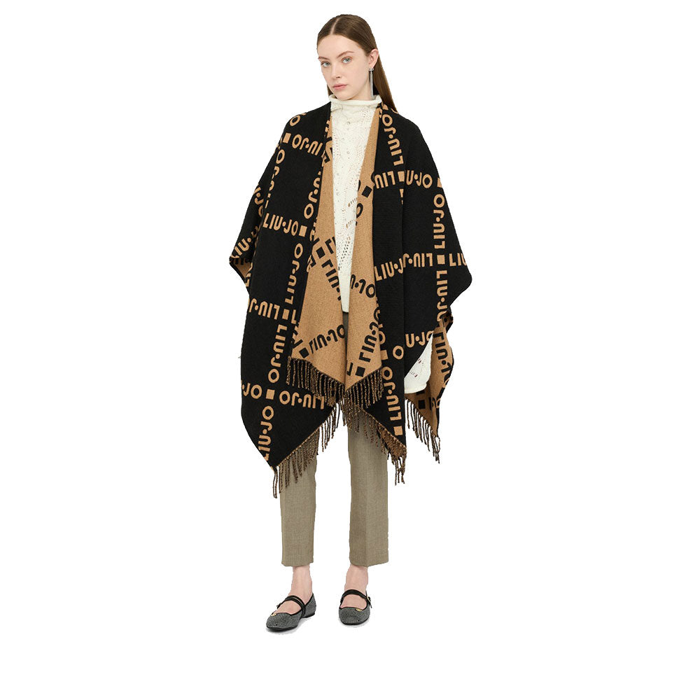 Poncho Donna LIU JO in Tessuto Nero con Logo Jacquard e Frange
