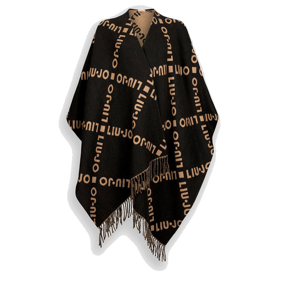 Poncho Donna LIU JO in Tessuto Nero con Logo Jacquard e Frange