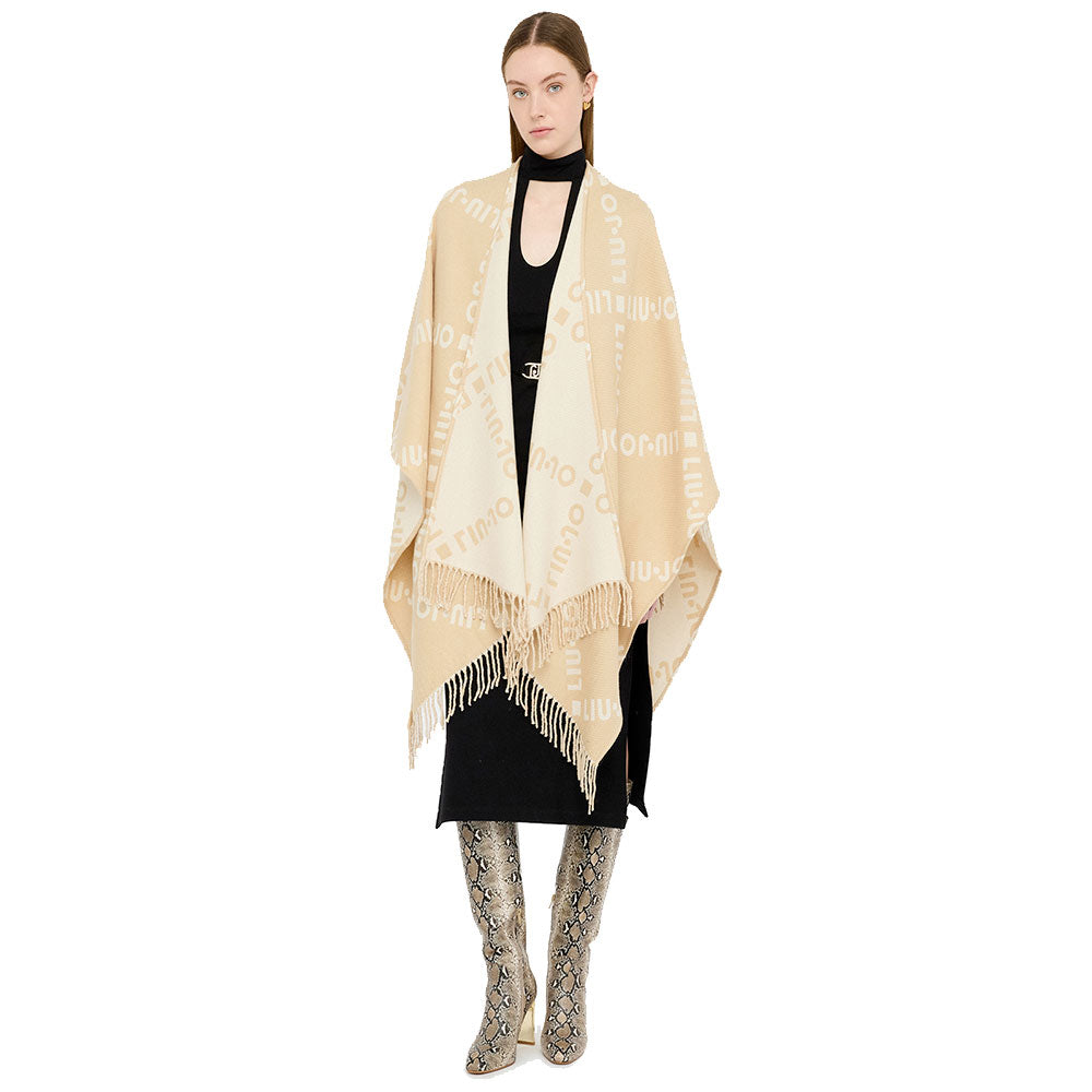 Poncho Donna LIU JO in Tessuto Beige Chiaro con Logo Jacquard e Frange