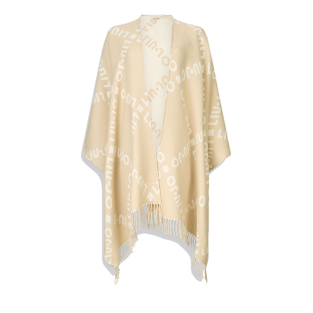 Poncho Donna LIU JO in Tessuto Beige Chiaro con Logo Jacquard e Frange
