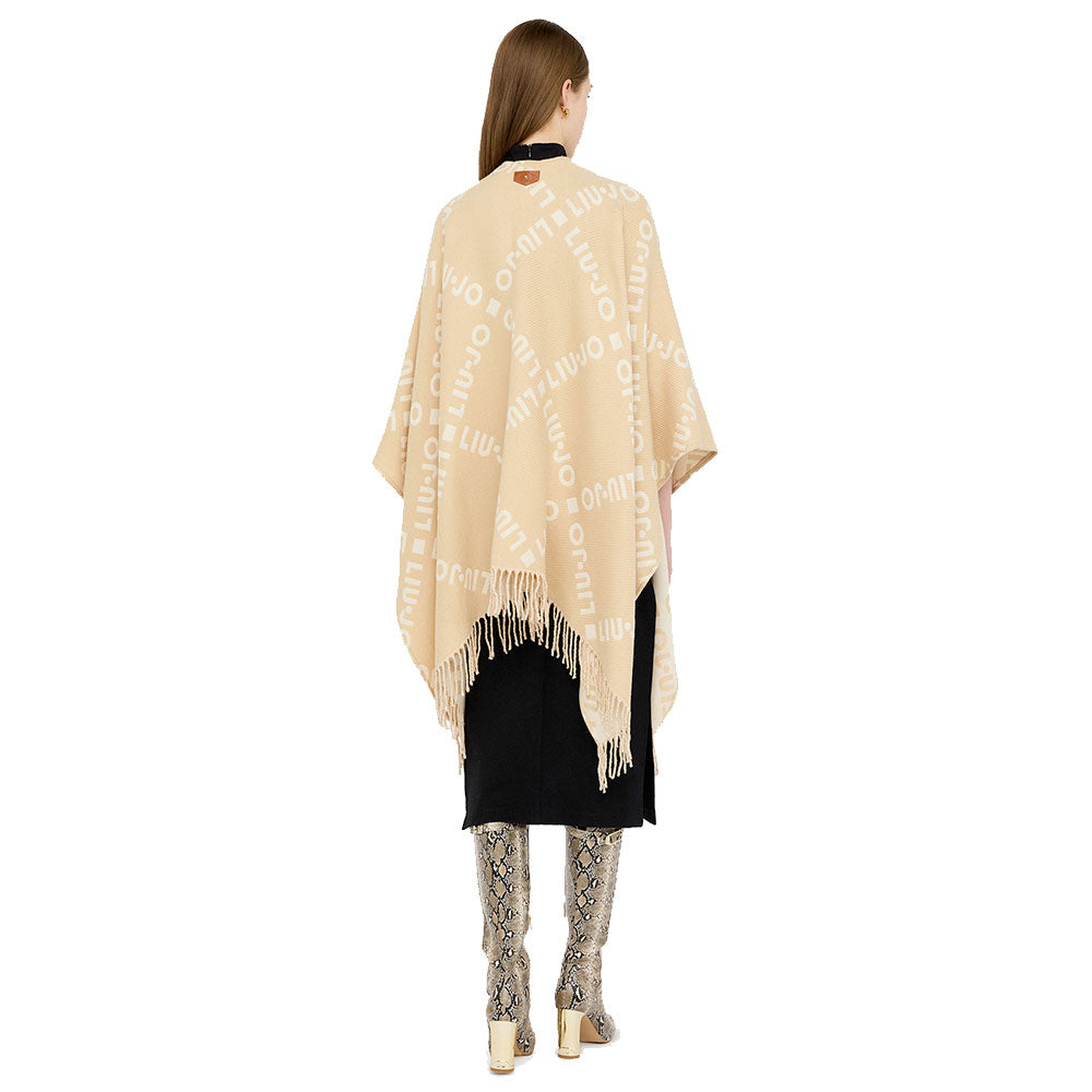 Poncho Donna LIU JO in Tessuto Beige Chiaro con Logo Jacquard e Frange