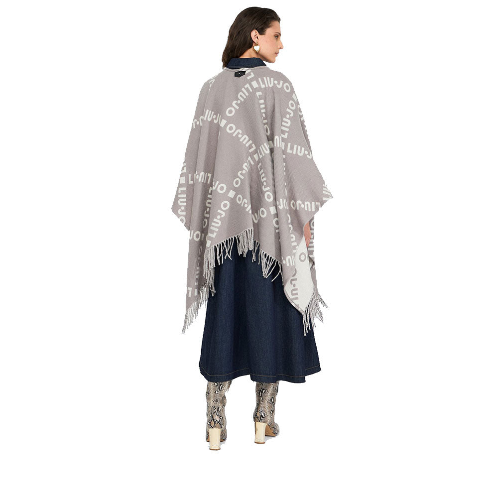 Poncho Donna LIU JO in Tessuto Grigio con Logo Jacquard e Frange