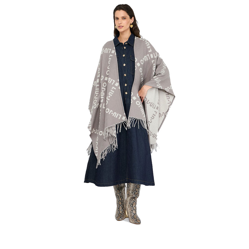 Poncho Donna LIU JO in Tessuto Grigio con Logo Jacquard e Frange