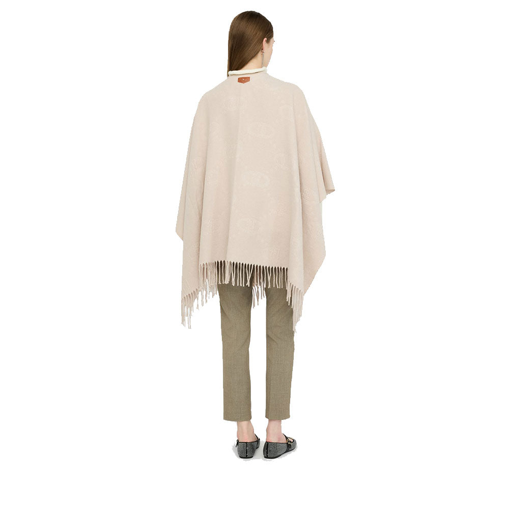 Poncho Donna LIU JO in Tessuto Beige con Logo in Rilevo e Frange