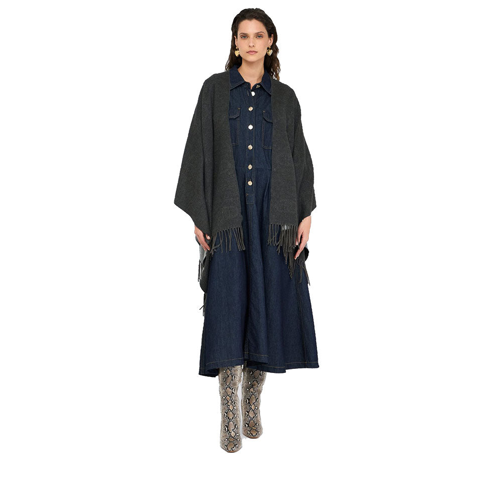 Poncho Donna LIU JO in Tessuto Grigio con Logo in Rilevo e Frange
