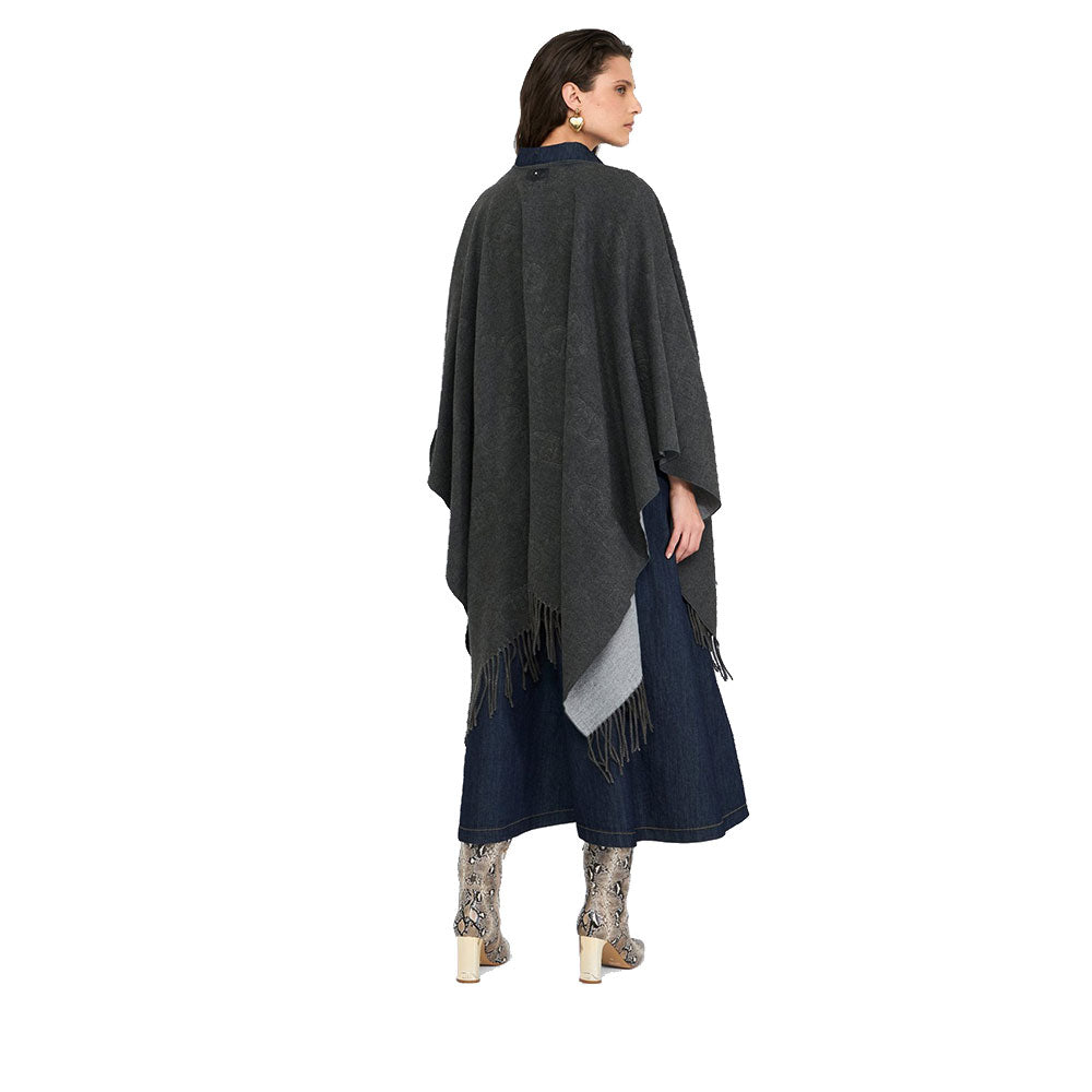 Poncho Donna LIU JO in Tessuto Grigio con Logo in Rilevo e Frange