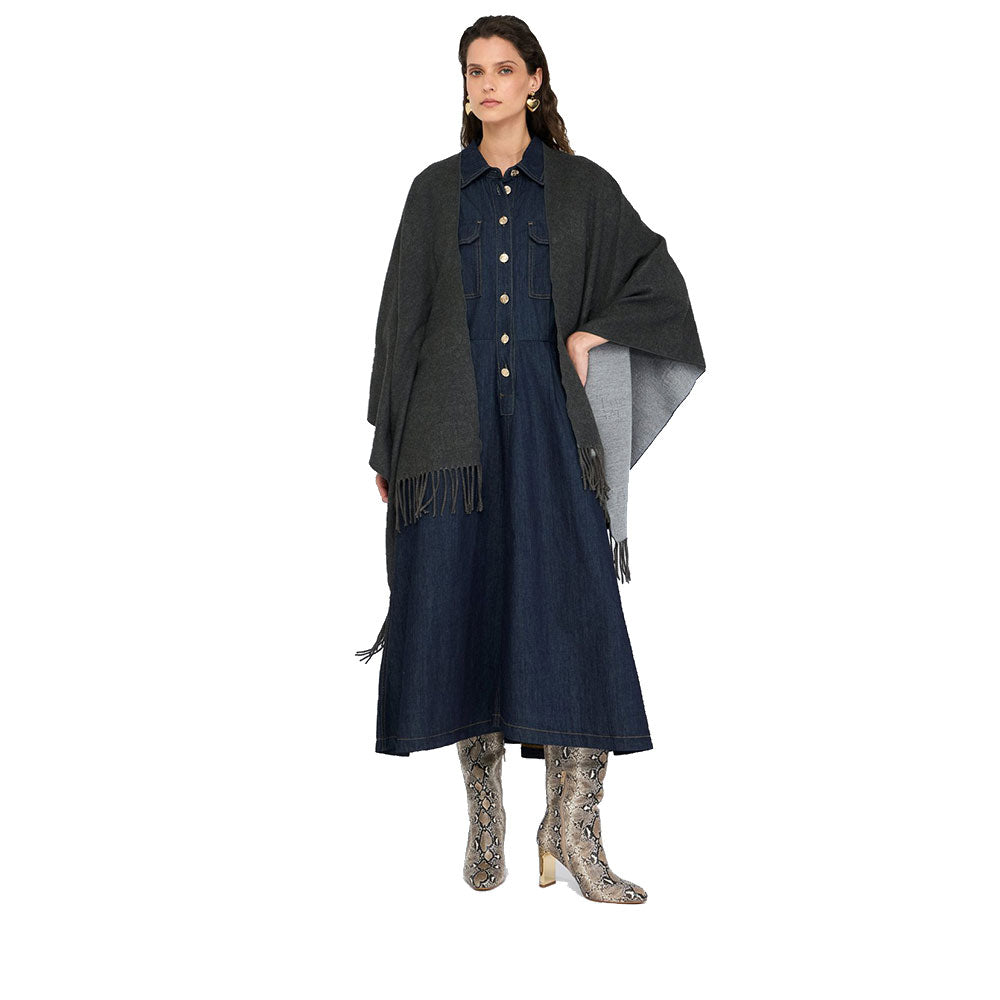 Poncho Donna LIU JO in Tessuto Grigio con Logo in Rilevo e Frange