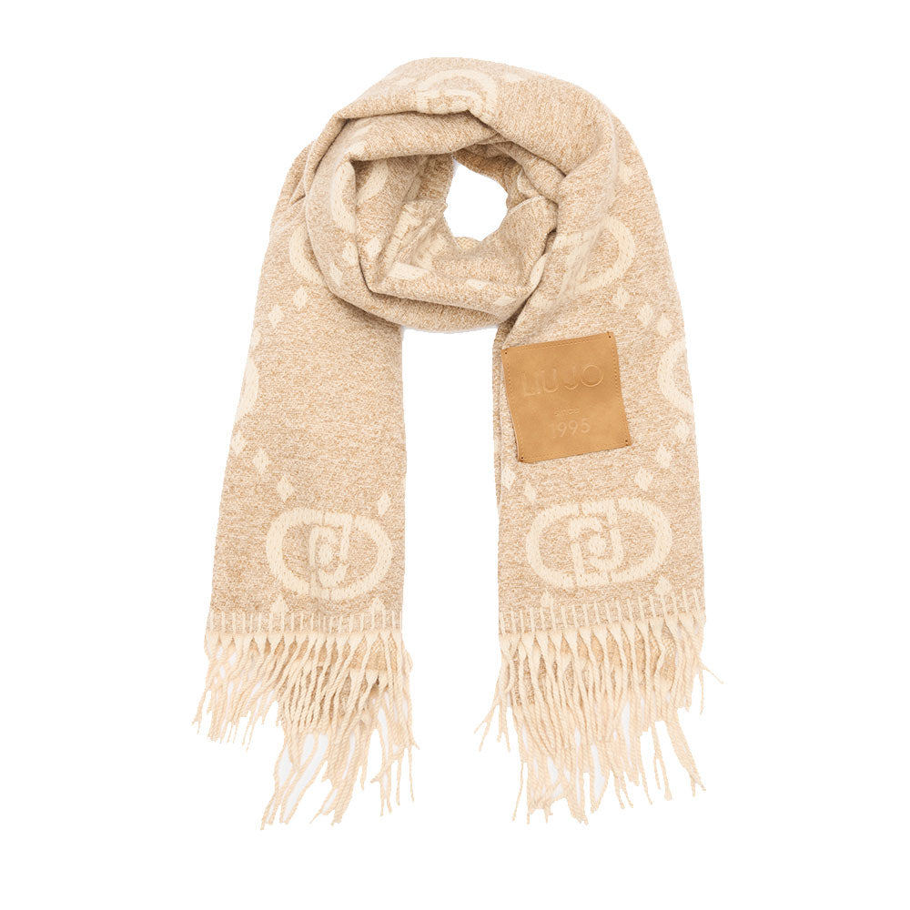 Stola Donna 70 x 180 cm LIU JO in Misto Viscosa Beige con Logo Monogram Jacquard All Over