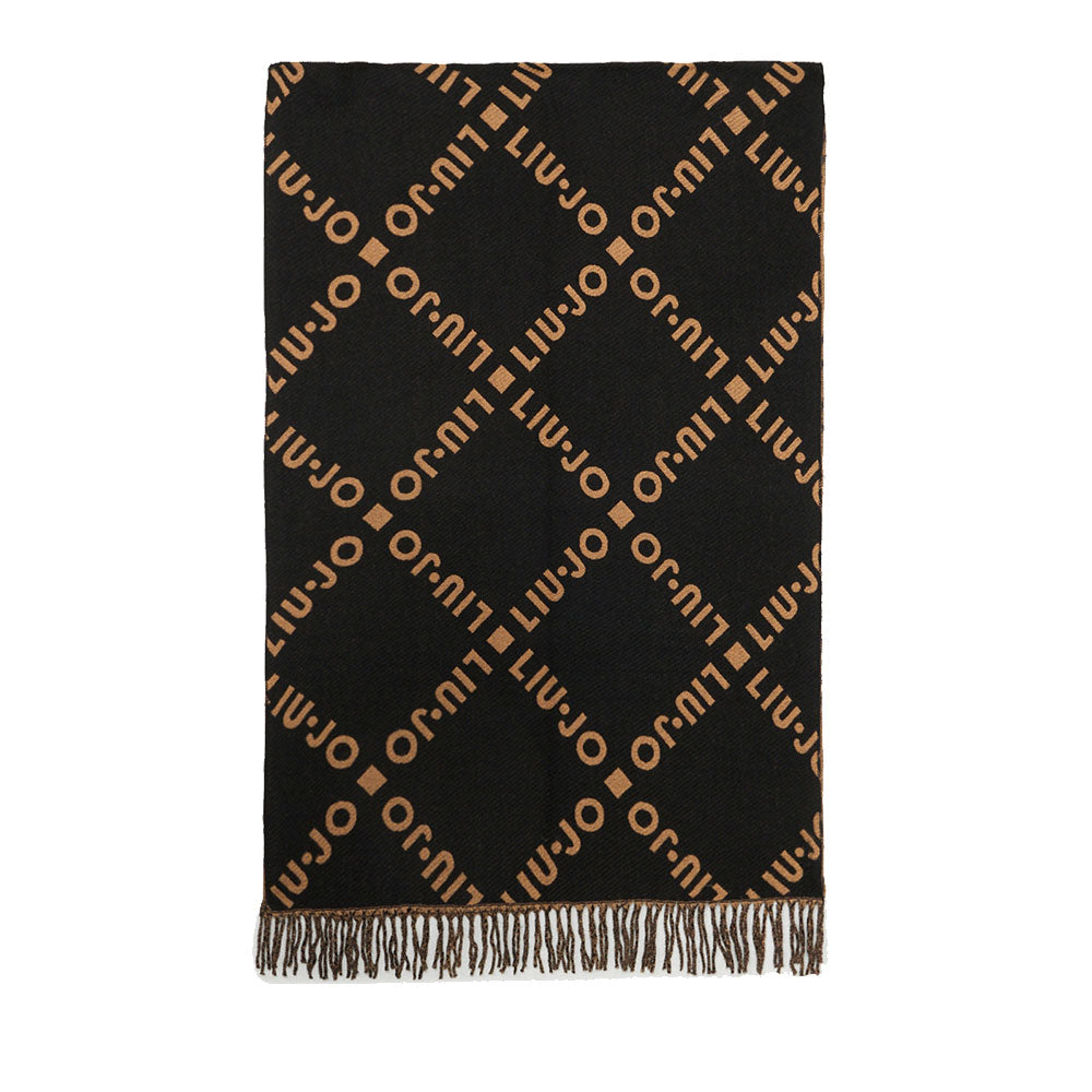 Stola Donna 70 x 180 cm LIU JO in Tessuto Nero con Logo Jacquard e Frange