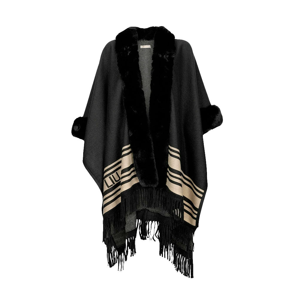 Poncho Donna LIU JO in Tessuto Nero con Collo Faux Fur