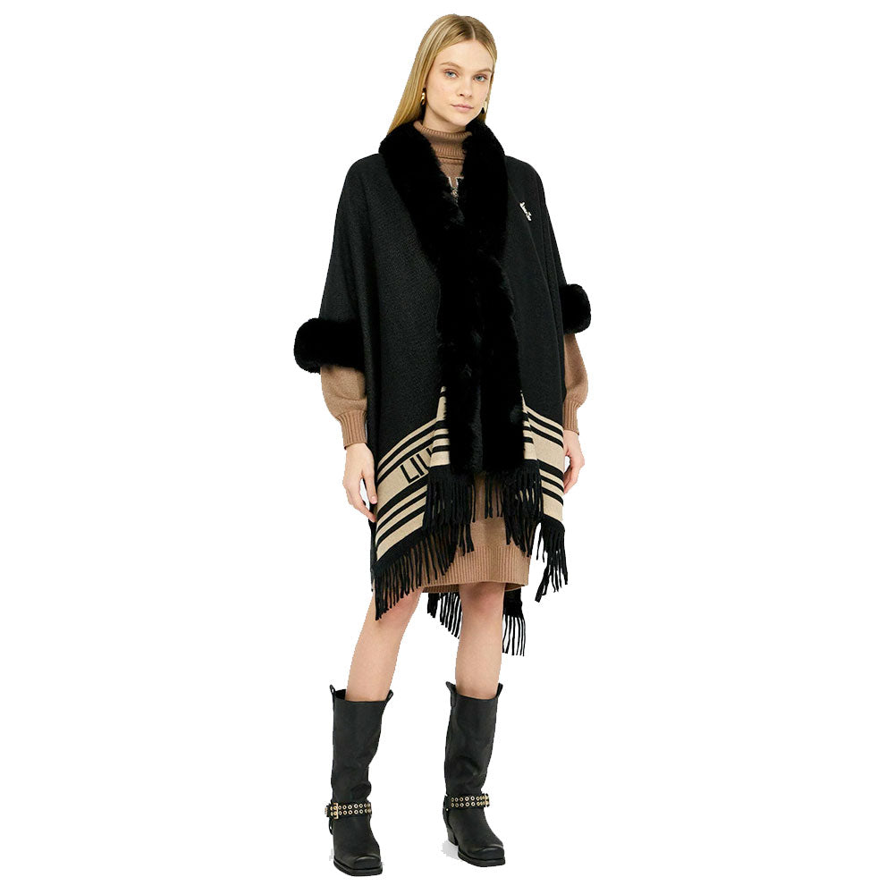 Poncho Donna LIU JO in Tessuto Nero con Collo Faux Fur