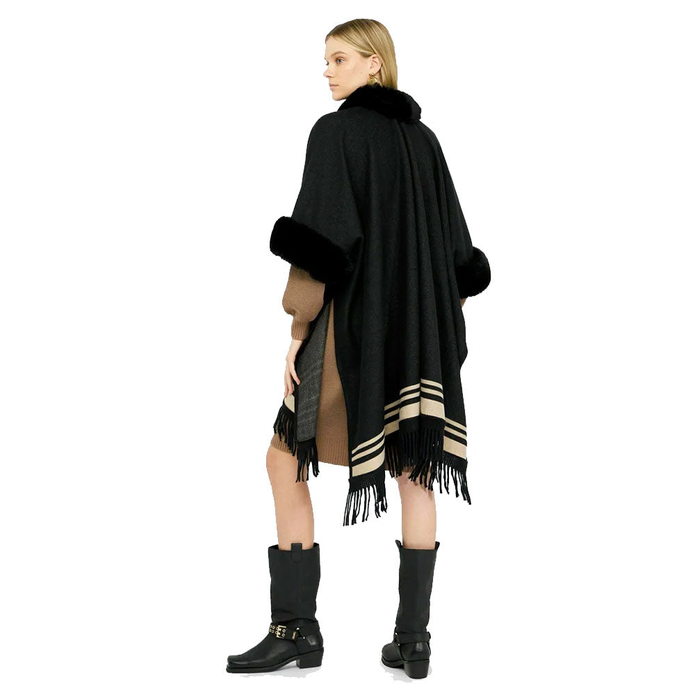 Poncho Donna LIU JO in Tessuto Nero con Collo Faux Fur