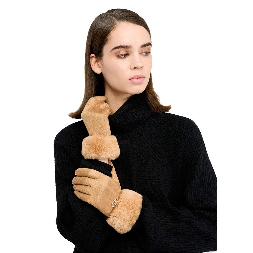 Guanti Donna LIU JO Effetto Scamosciato color Cammello con Inserto in Eco Pelliccia