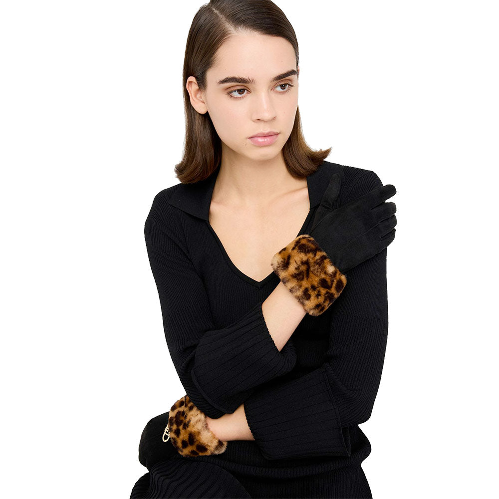 Guanti Donna LIU JO Effetto Scamosciato Nero con Inserto in Eco Pelliccia Animalier