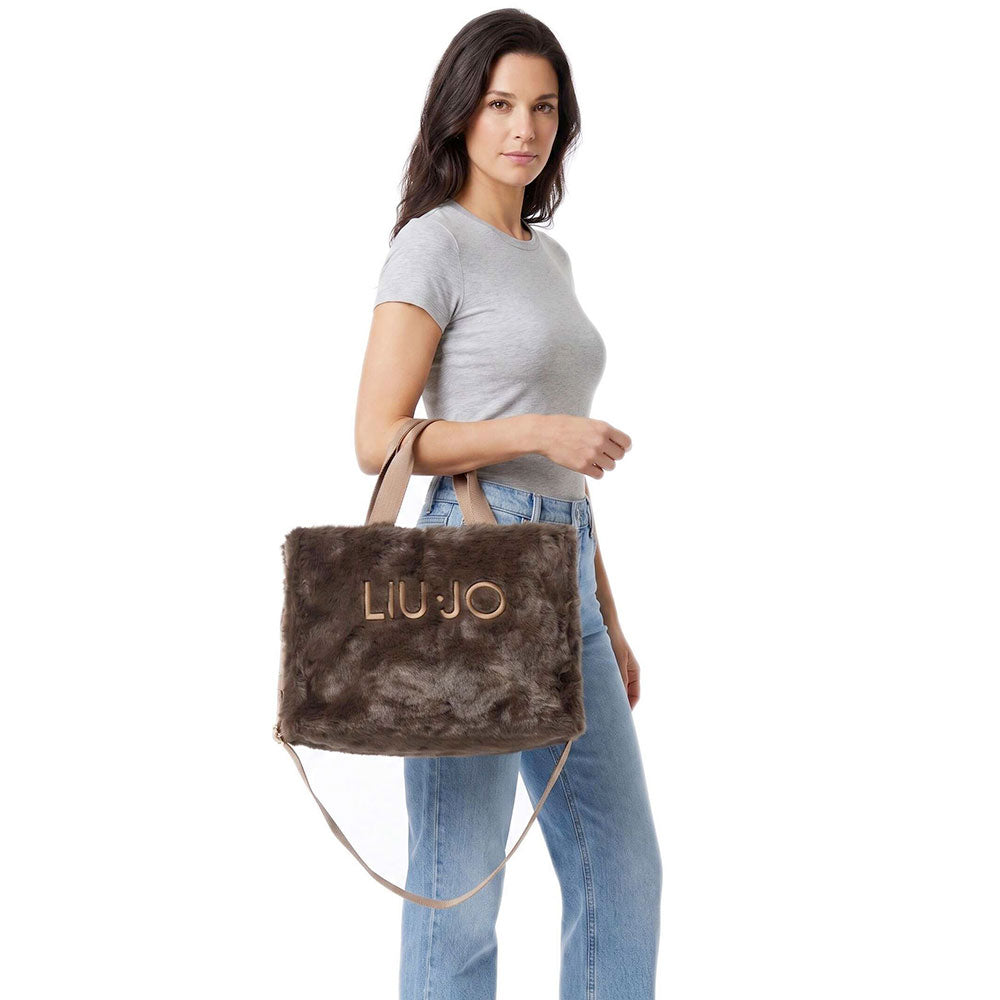 Tote Bag Donna LIU JO in Fake Fur Testa di Moro con Logo