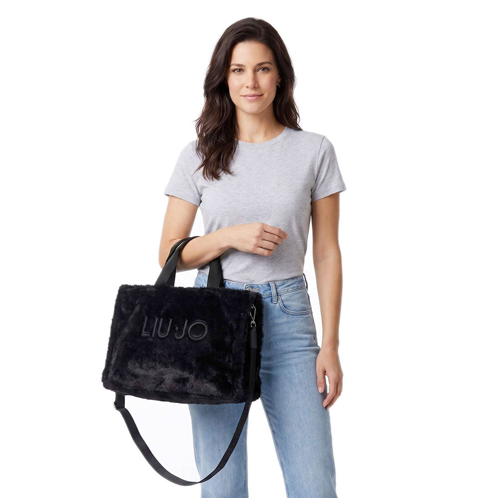 Tote Bag Donna LIU JO in Fake Fur Nero con Logo