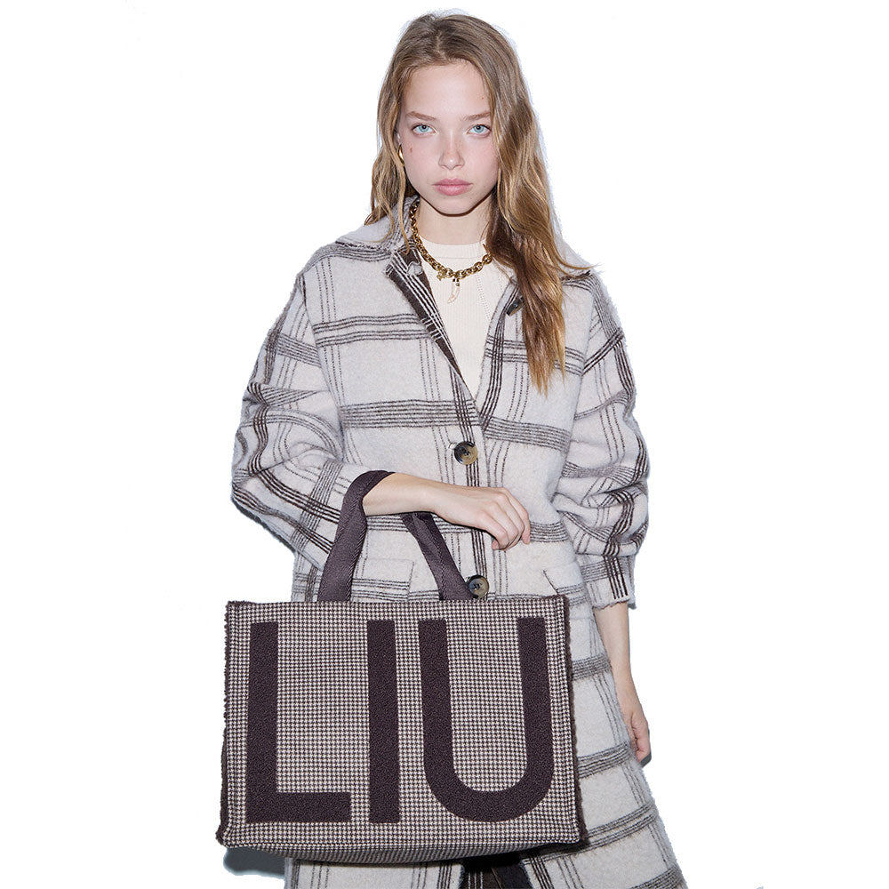 Tote Bag Donna LIU JO in Tessuto Check Testa di Moro con Maxi Logo