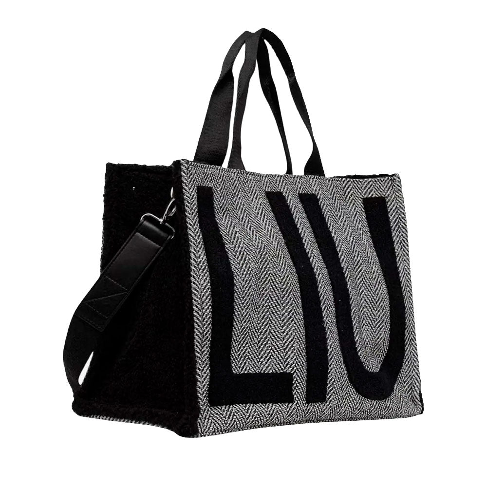 Tote Bag Donna LIU JO in Tessuto Check Nero con Maxi Logo