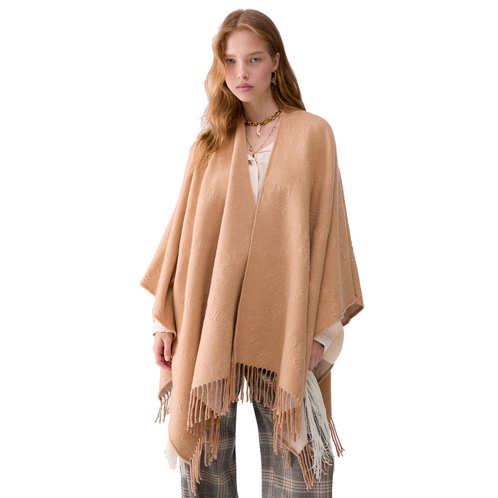 Poncho Donna LIU JO in Misto Viscosa color Cammello con Logo Embossed