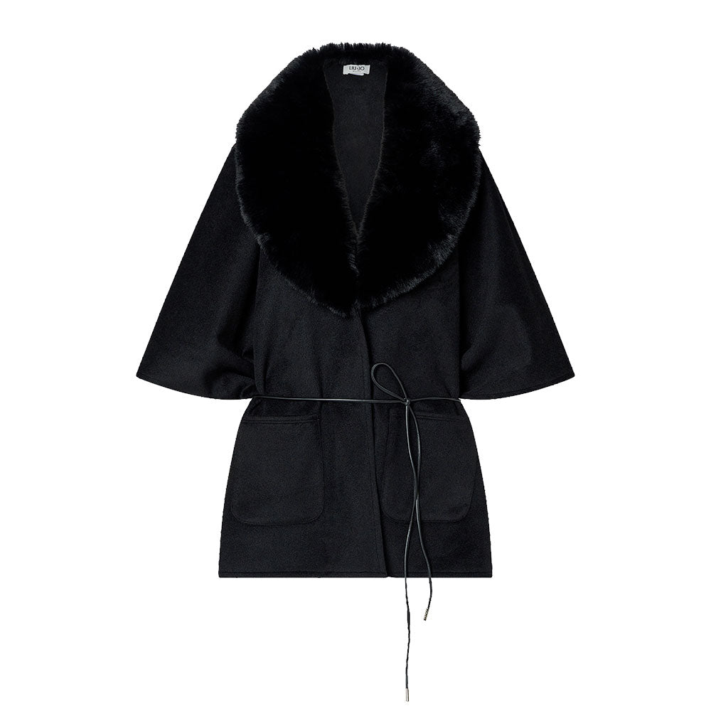 Cappa Donna LIU JO in Montone Sintetico Nero con Collo in Fake Fur