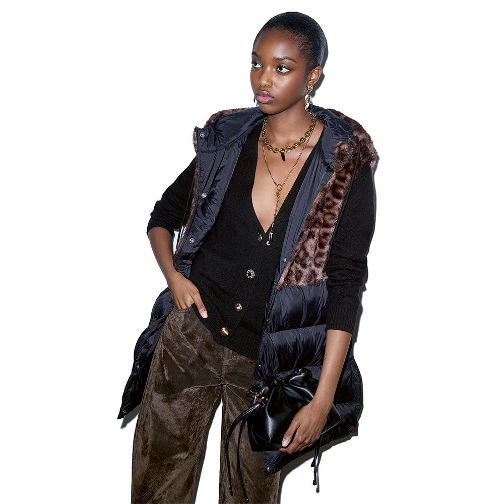 Gilet con Cappuccio Donna LIU JO in Tessuto Teddy stampa Animalier e Inserto Effetto Piumino