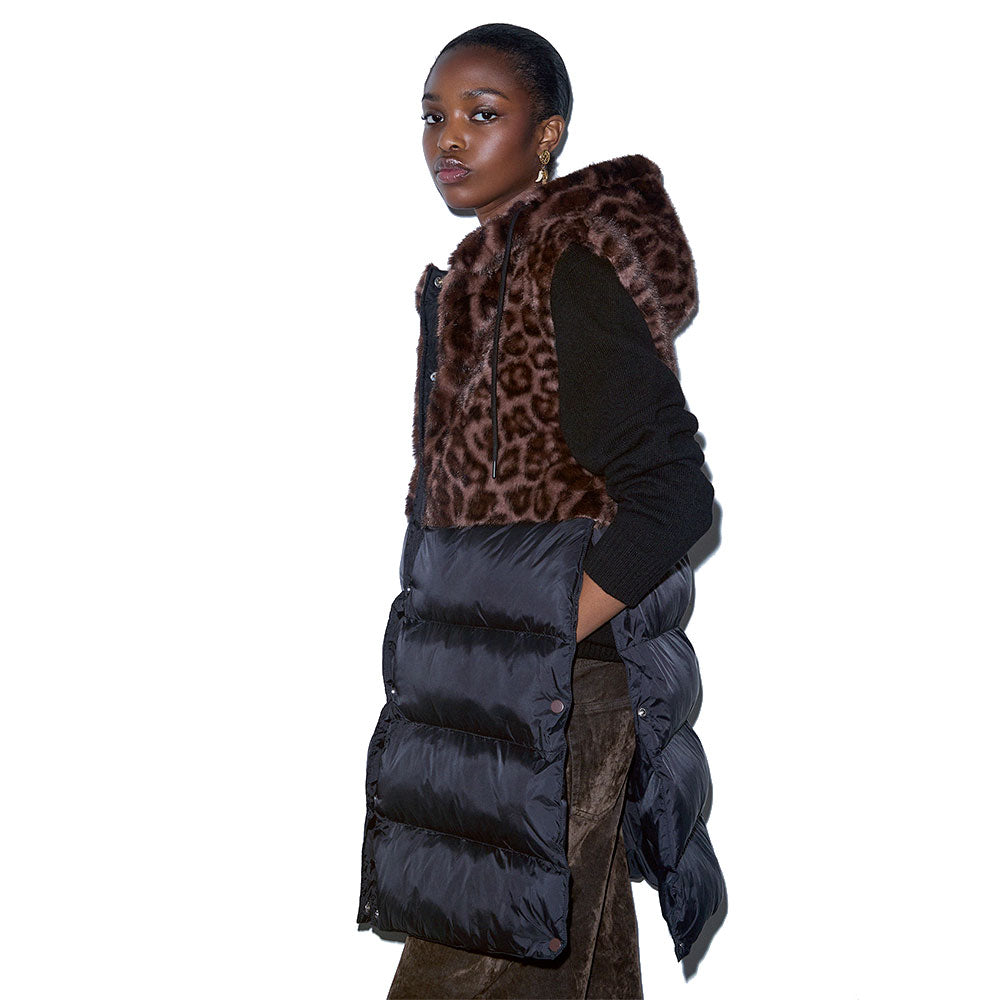 Gilet con Cappuccio Donna LIU JO in Tessuto Teddy stampa Animalier e Inserto Effetto Piumino
