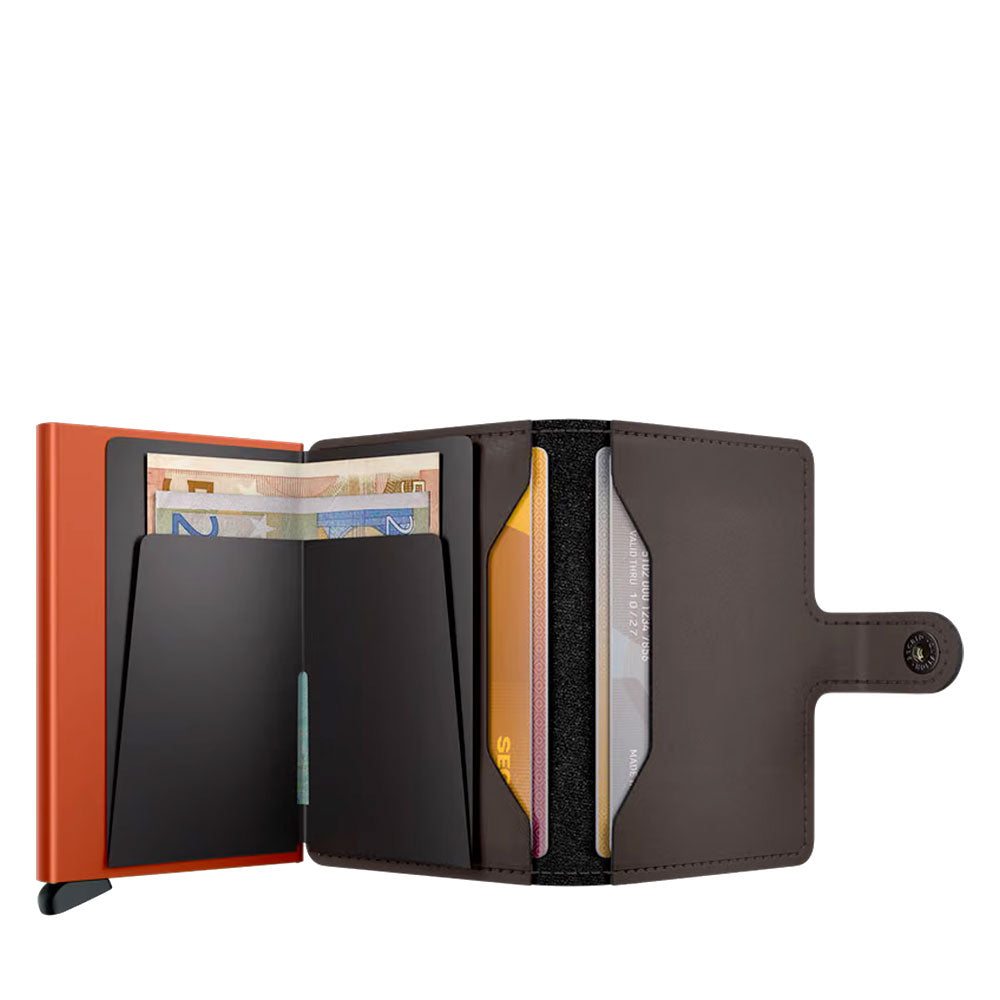 Kartenetui mit Clip SECRID Modell Miniwallet Matte aus Leder in Truffle und Orange mit RFID-Schutz
