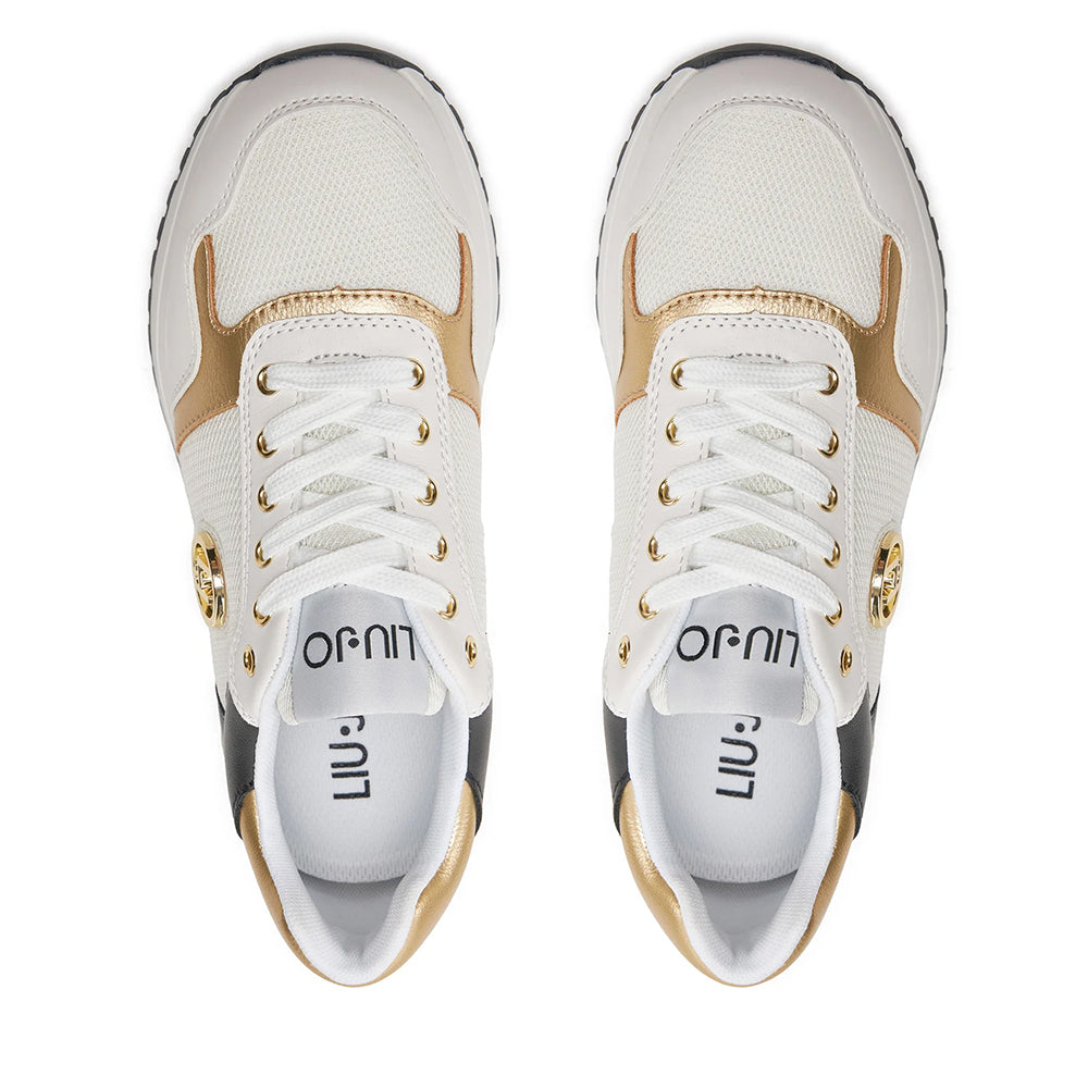 Scarpe LIU JO Kiss 719 Sneakers Running con Inserti Laminati colore Bianco Oro e Nero