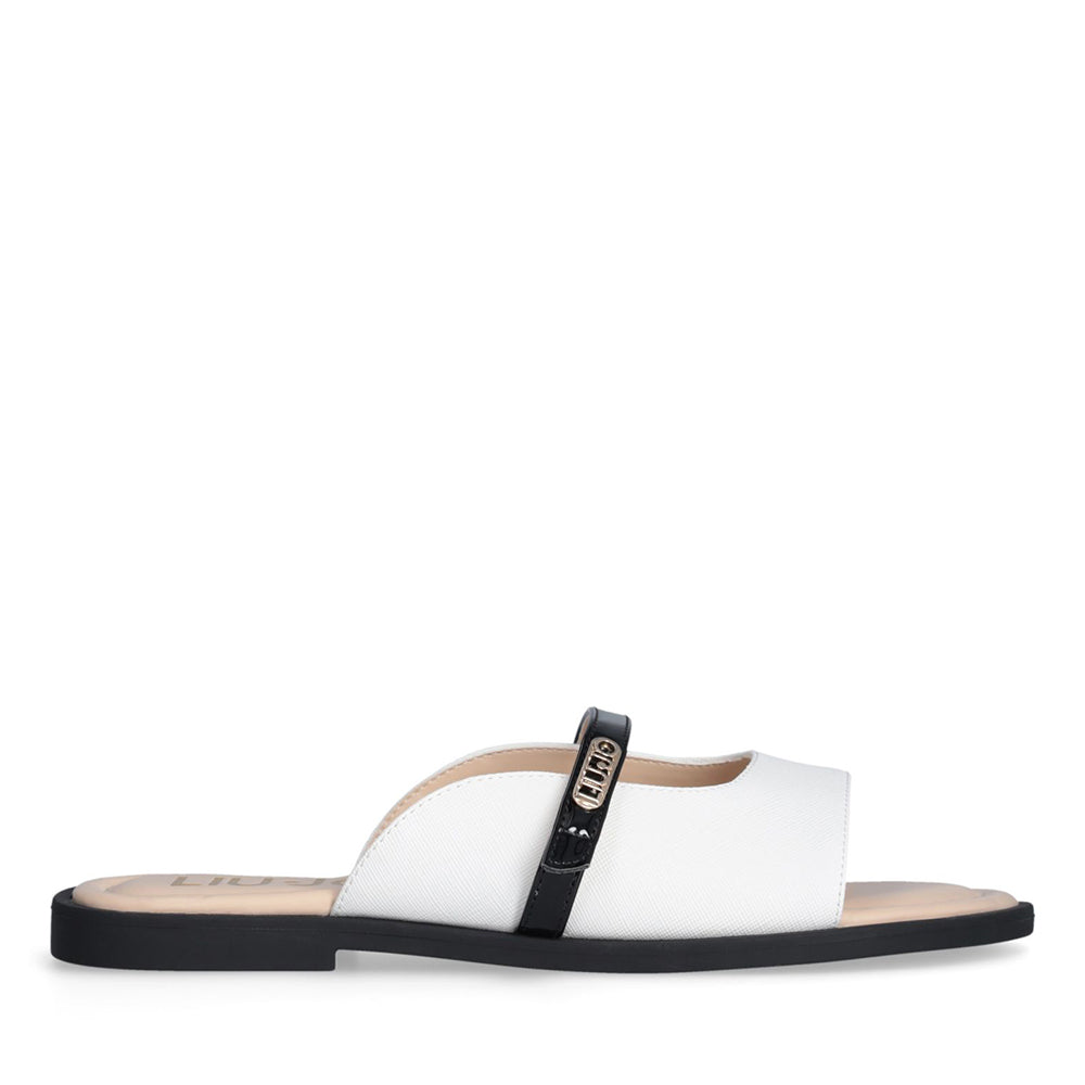 Sandali Flat LIU JO Amira 933 stampa Saffiano White con Cinturino Nero