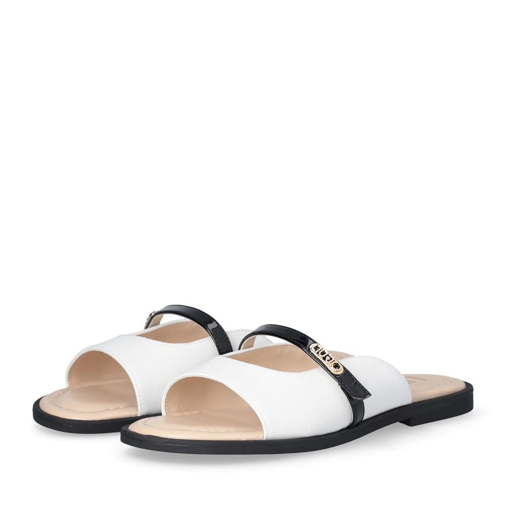 Sandali Flat LIU JO Amira 933 stampa Saffiano White con Cinturino Nero