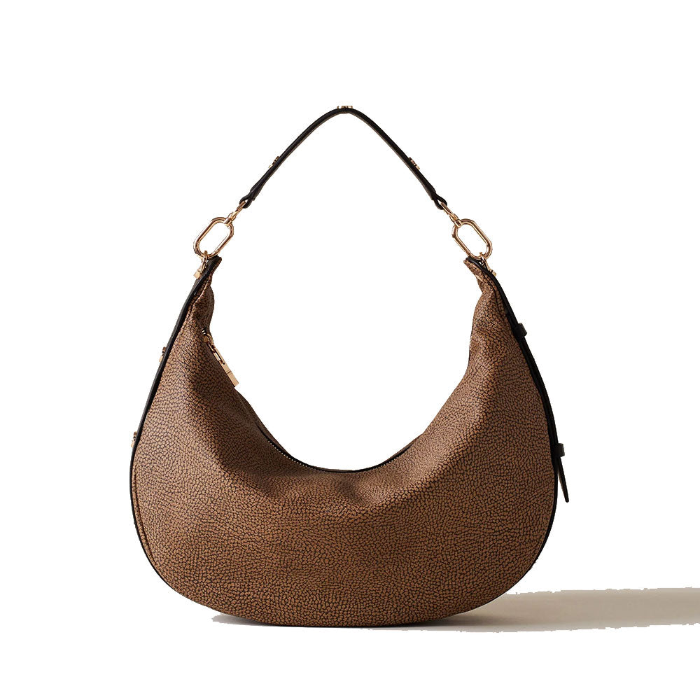 Borsa Donna Hobo Medium BORBONESE linea Oyster in Tela Rivestita stampa Op Naturale e Pelle Nera