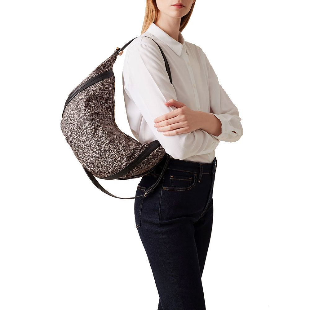 BORBONESE Damen-Hobo-Tasche New Orbit Medium aus natürlichem OP-Stoff und schwarzem Leder